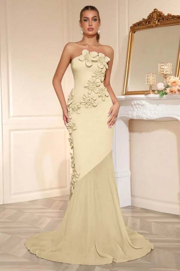 Elegant Sleeveless Satin Square Strapless Mermaid Prom Dress With Handmade Flower