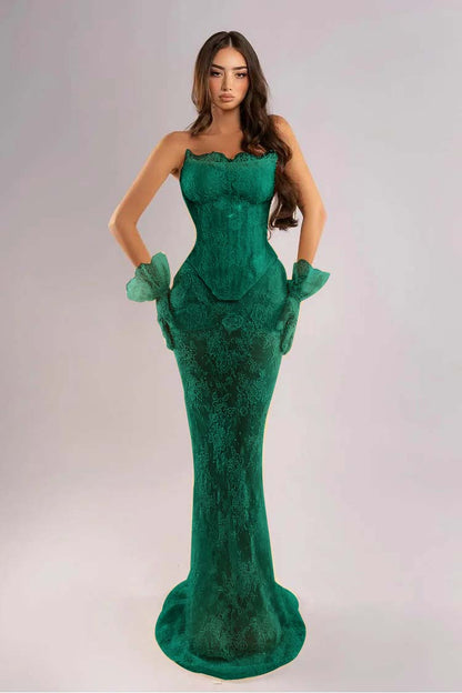 Strapless Sleeveless Long Mermaid Evening Dress With Lace Embroidery Gloves