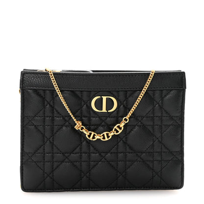 Calfskin Cannage Caro Zipped Pouch With Chain Black