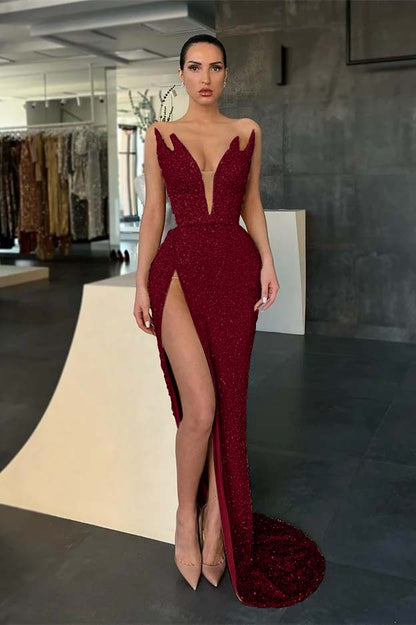 Sleeveless V-Neck Evening Dress Sequins Mermaid With Slit