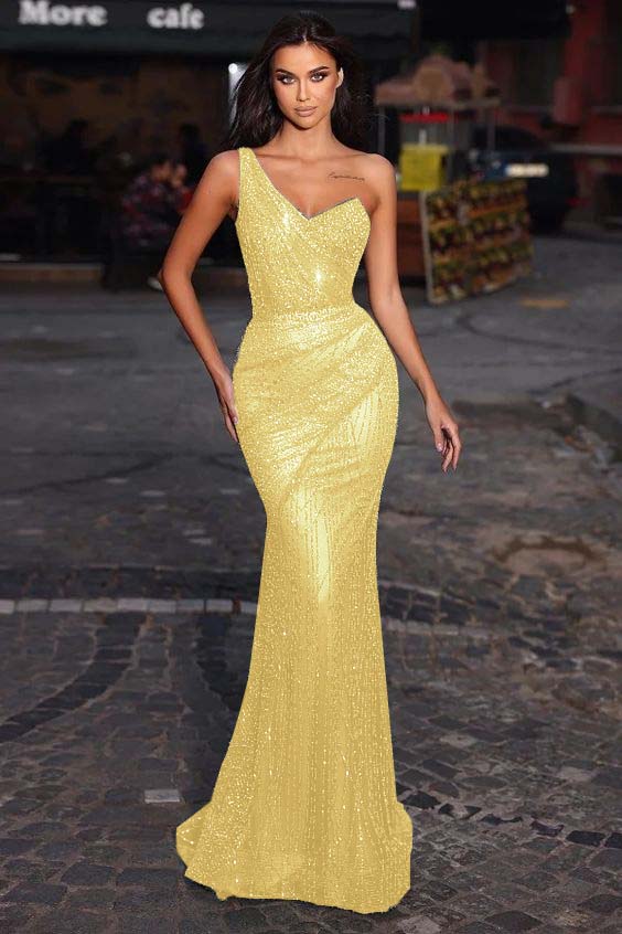 Green One Shoulder Sleeveless Mermaid Princess Prom Dress With Sequins