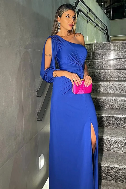 Blue Sleeveless One-Shoulder Mermaid Long Prom Dress