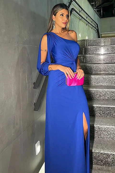 Blue Sleeveless One-Shoulder Mermaid Long Prom Dress