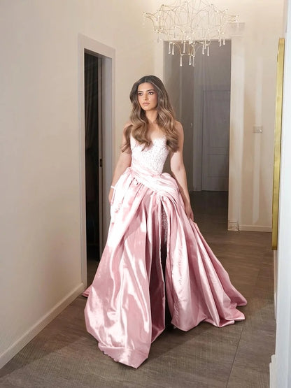 Sleeveless A-Line V-Neck Pleated Prom Dress With Beads