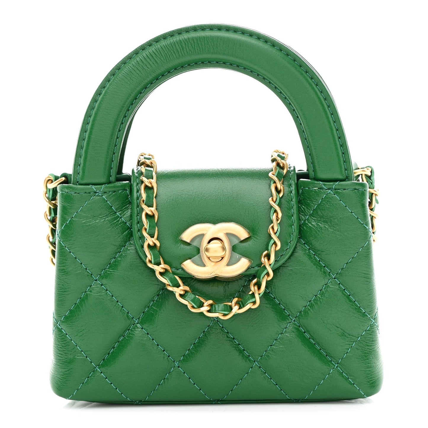 Shiny Aged Calfskin Quilted Mini Nano Kelly Shopper Green
