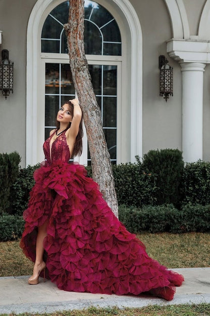 Burgundy Sleeveless Deep V-Neck Halter Straps High-Low Ruffled Prom Dress