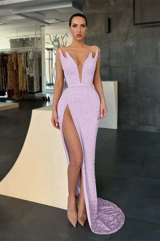 Sleeveless V-Neck Evening Dress Sequins Mermaid With Slit