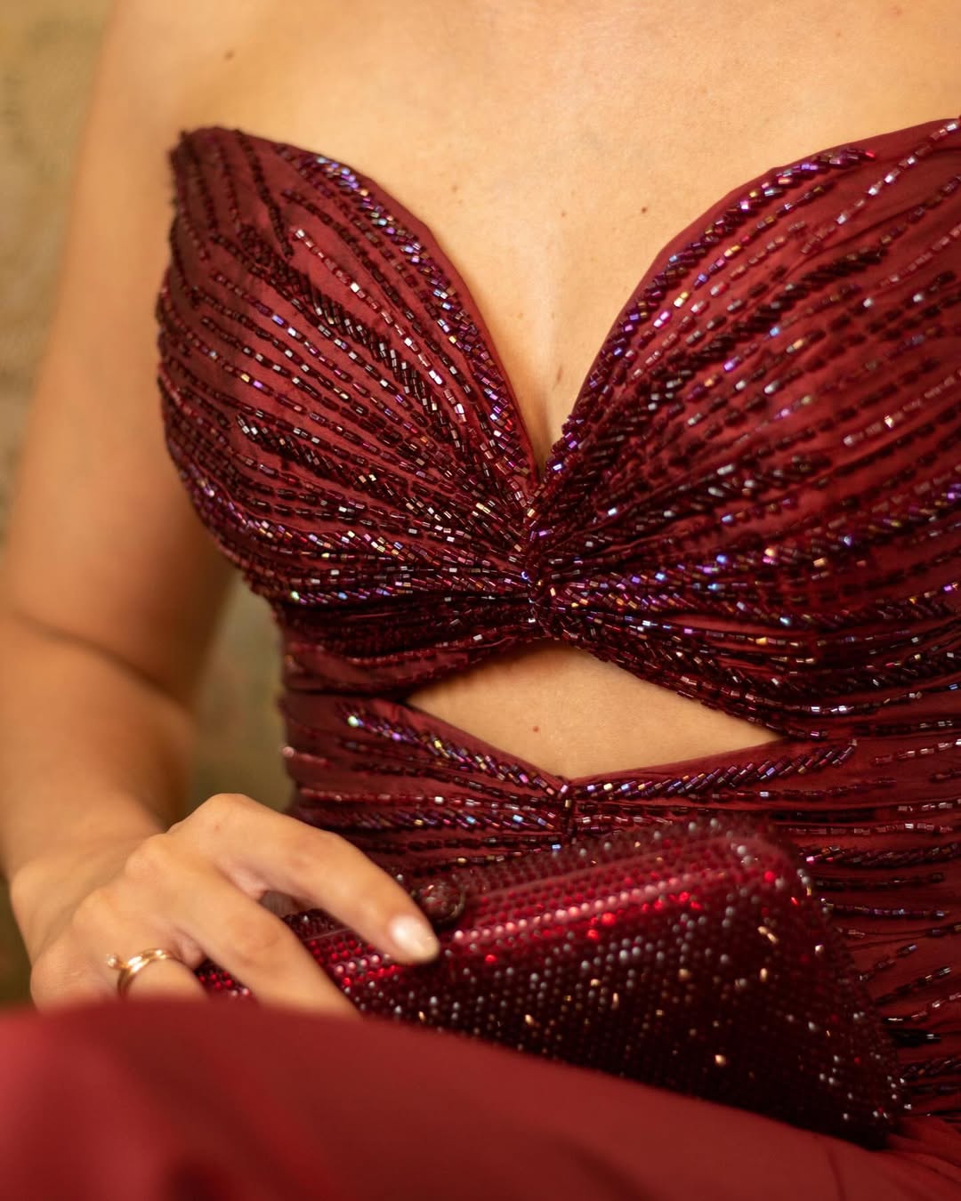 Burgundy Sleeveless Strapless Deep V-Neck A-Line Beads Prom Dress