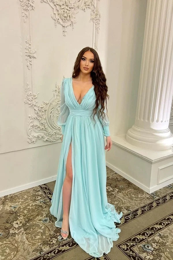 Mint V-Neck Chiffon Split Long Charming Prom Dress With Long Sleeves