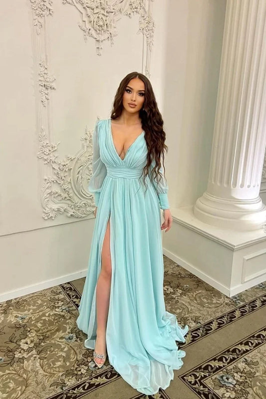 Mint V-Neck Chiffon Split Long Charming Prom Dress With Long Sleeves