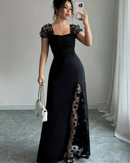Glamorous Black Satin Applique Square Neck Pleated Prom Dress with Split