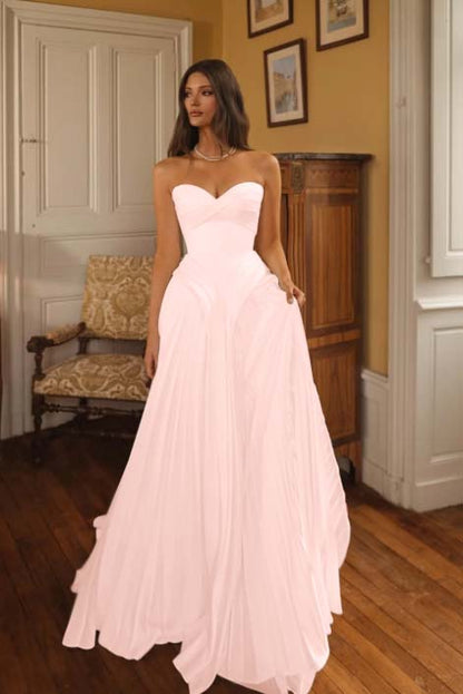 White A Line Strapless Sleeveless Long Dress with Pleated