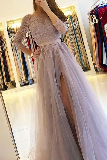 Long Sleeves A-Line Prom Dress Slit With Lace