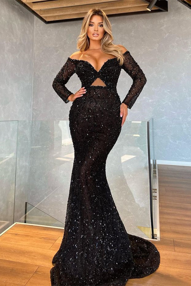 Long Sleeves V-Neck Mermaid Prom Dress Black With Sequins
