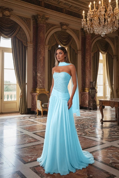 Strapless Beadings Sleeveless Square Prom Dress With Scarf