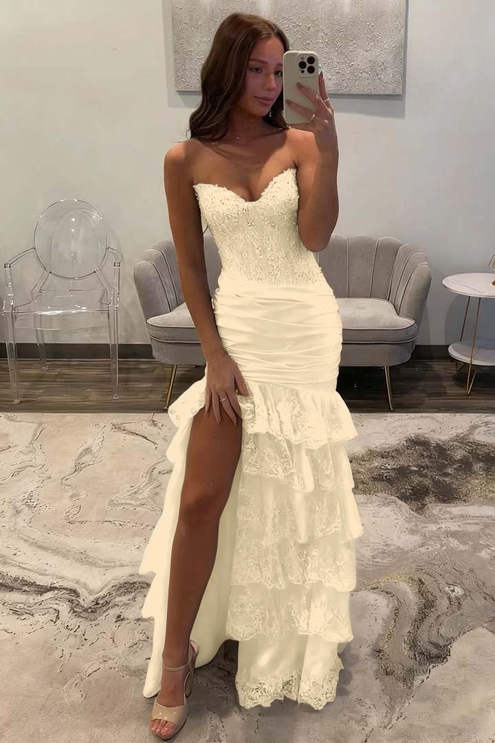 Sleeveless Strapless Long Split Evening Dress With Sequins Pleated