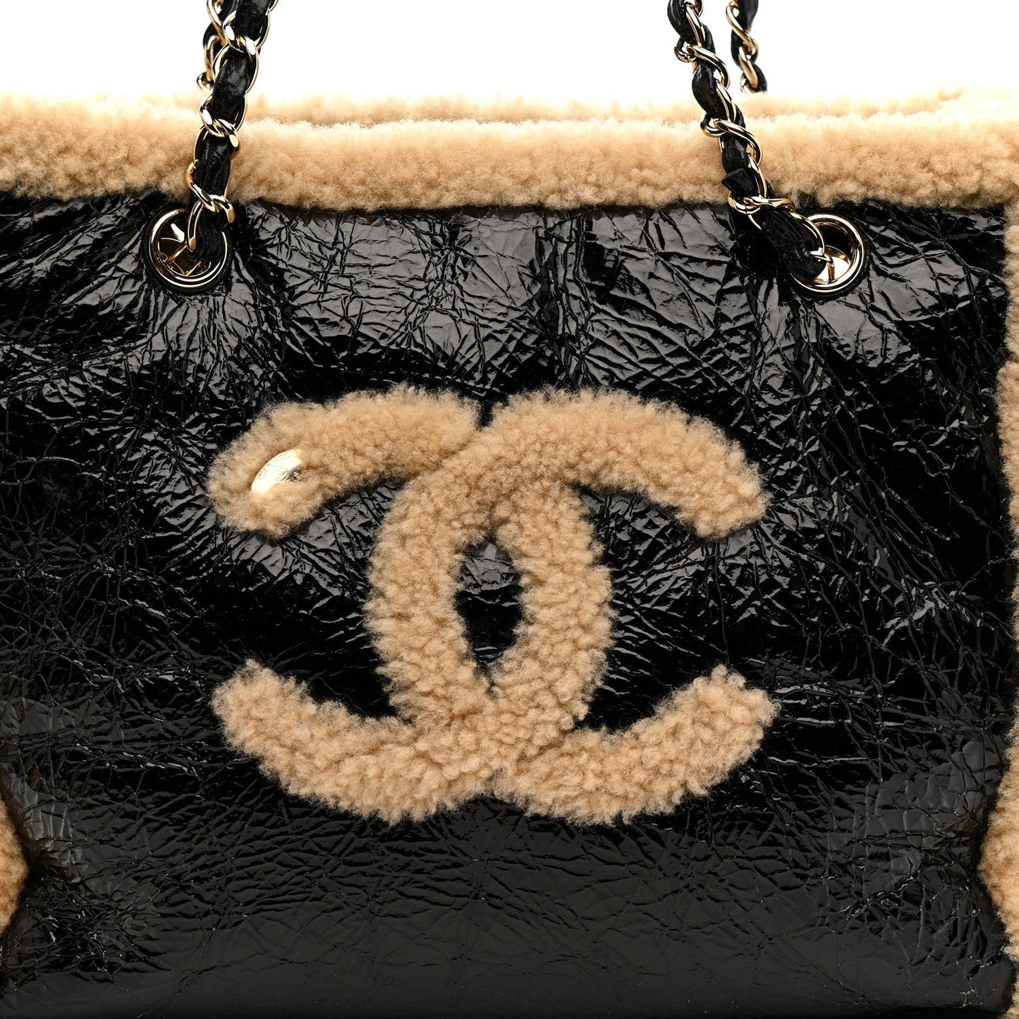 Shiny Crumpled Sheepskin Shearling CC Mania Tote Bag Black Beige