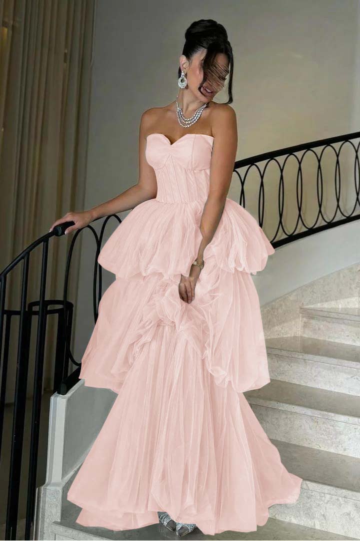 Sleeveless Sweetheart Strapless A Line Long Prom Dress With Tulle