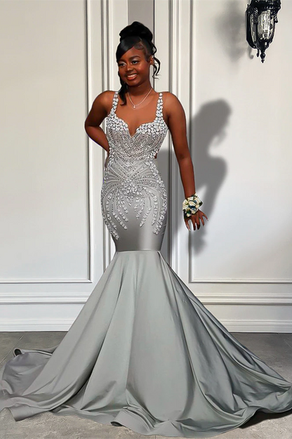 Sliver Spaghetti-Strap Sleeveless Mermaid Prom Dress Trumpet With Flower Appliques