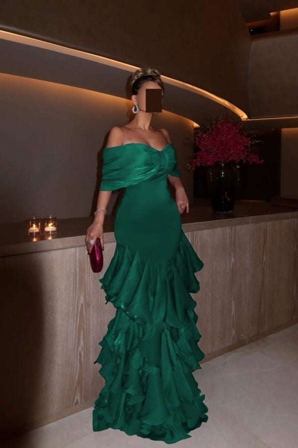 Glamorous Orchid Off the Shoulder Ruffles Evening Dress with Pleated