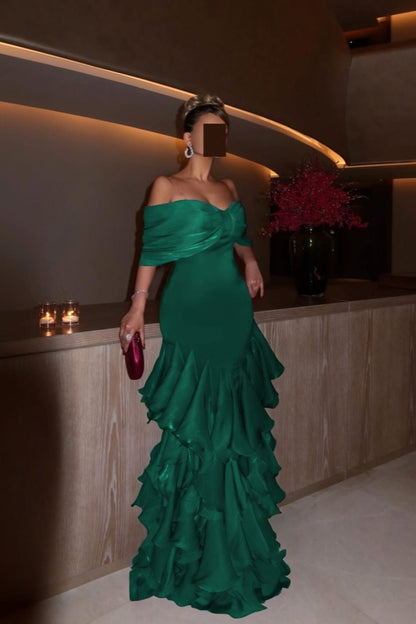 Glamorous Orchid Off the Shoulder Ruffles Evening Dress with Pleated