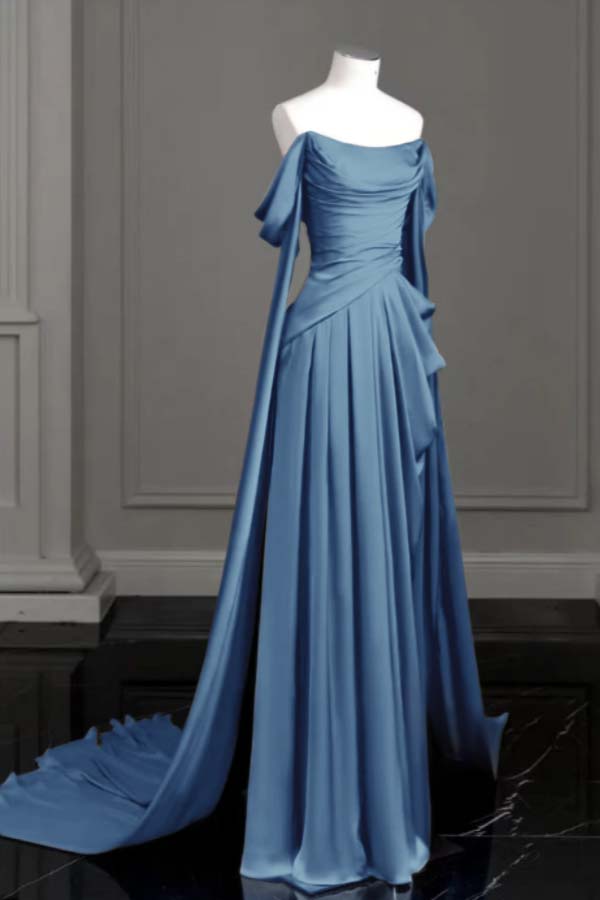 Sleeveless Off-The-Shoulder Pleated Long Prom Dress With Trailing On Both Sides