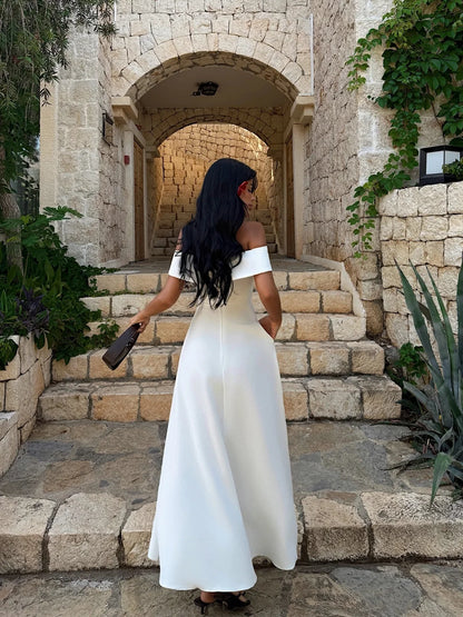 Elegant White Sleeveless A Line Off Shoulder Square Long Prom Dress