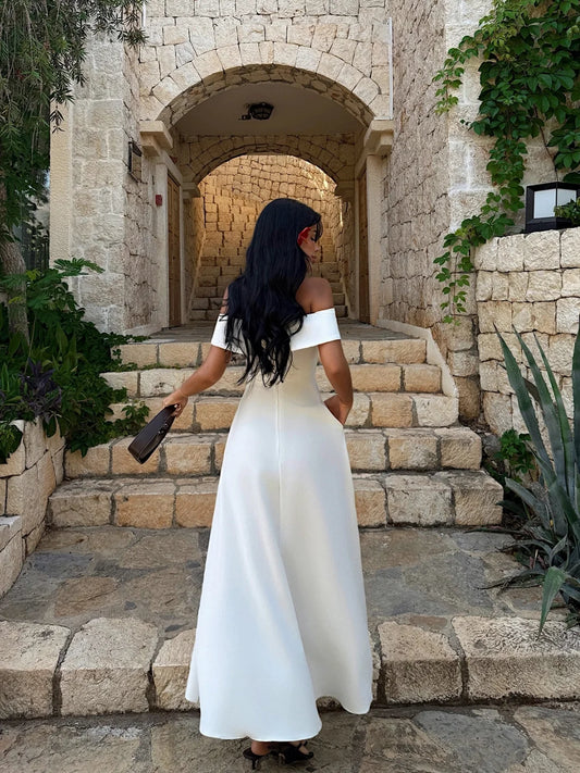 Elegant White Sleeveless A Line Off Shoulder Square Long Prom Dress