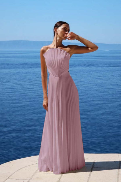 Simple White Sleeveless Strapless Long Prom Dress With Pleated