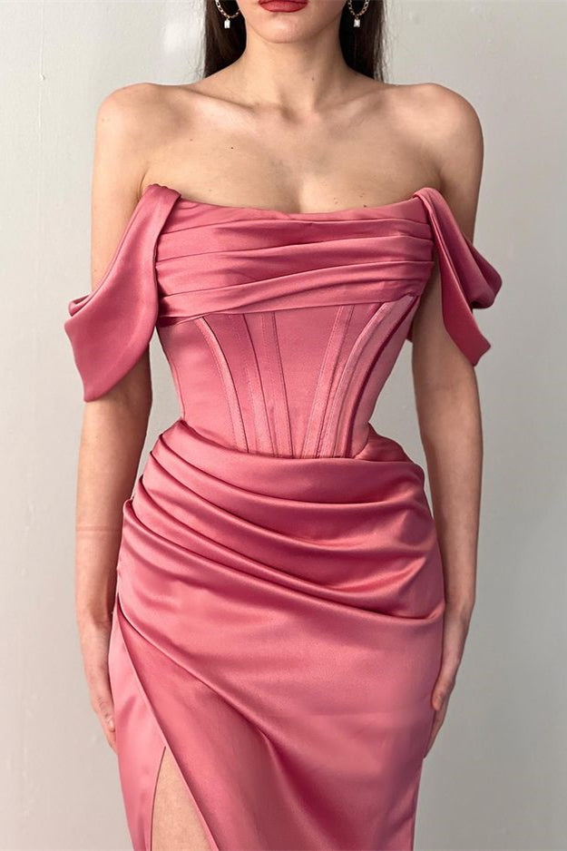 Off-The-Shoulder Dusty Rose Pleated Prom Dress Mermaid Split