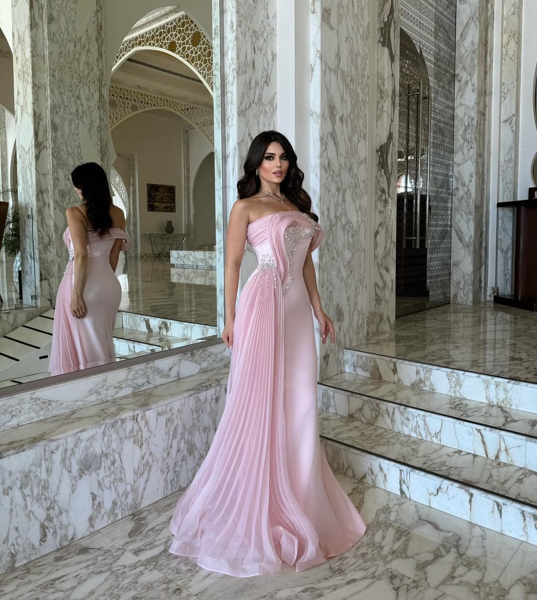 Elegant Pink Satin One Shoulder Beaded Strapless Prom Dress with Train