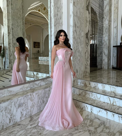 Elegant Pink Satin One Shoulder Beaded Strapless Prom Dress with Train