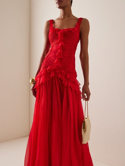 Elegant Ruffled Red Sleeveless Square Long Prom Dress With Pleated