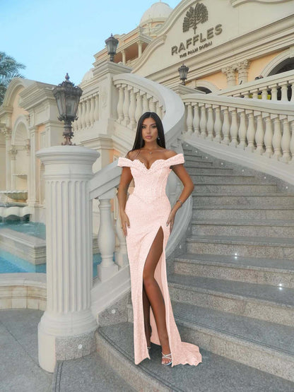 Sleeveless Exquisite Sweetheart Off-Shoulders Beaded Slit Long Prom Dress