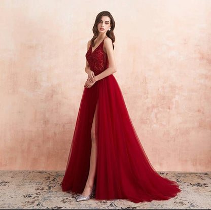 Burgundy V-Neck Sleeveless Slit Evening Dress Long Tulle with Beads