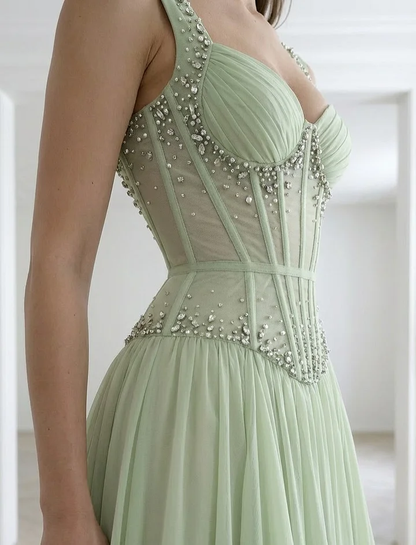 Graceful Sleeveless Wide Straps Beaded Ruffles Long Evening Dress