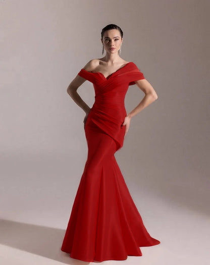 Classic Blushing Pink Off-The-Shoulder Mermaid Pleated Evening Dress