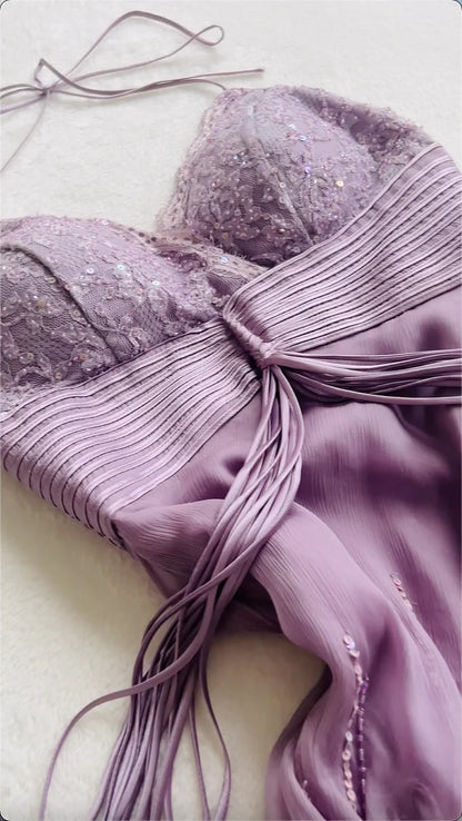 Lilac A Line Spaghetti Strap Beaded Sequin Chiffon Prom Dress Evening Dress SH2293