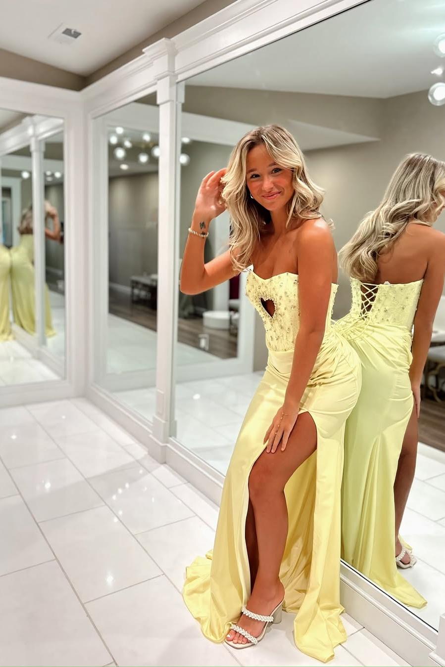 Beautiful Daffodil Satin Sleeveless Strapless Split Prom Dress with Beadings
