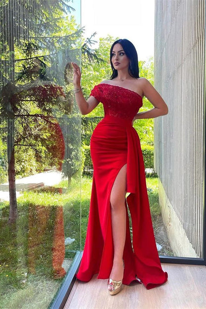 One Shoulder Sequins Strapless Red Split Mermaid Prom Dress With Lace Appliques