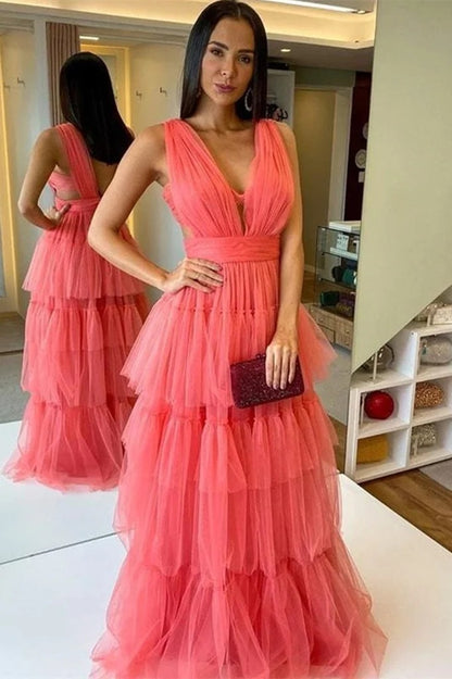 Sleeveless Tulle Long Watermelon Prom Dress