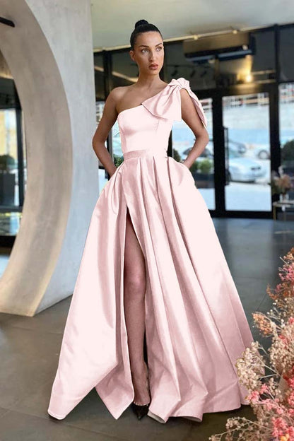 Gold Slit One-Shoulder Prom Dress With Pockets