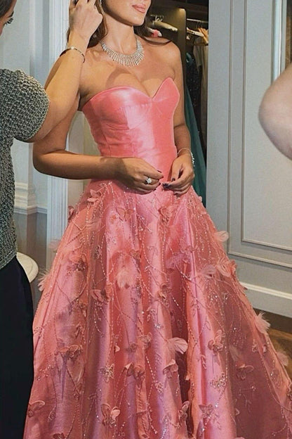 Glamorous Satin Sleeveless Strapless Applique Prom Dress with Sequins