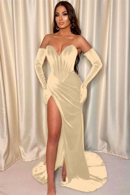 Mermaid V-Neck Evening Dress With Gloves Front Split Dark Green