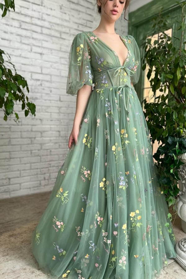 Aqua Beautiful Half Sleeves Deep V Neck Evening dress Tulle with Embroidery Flowers