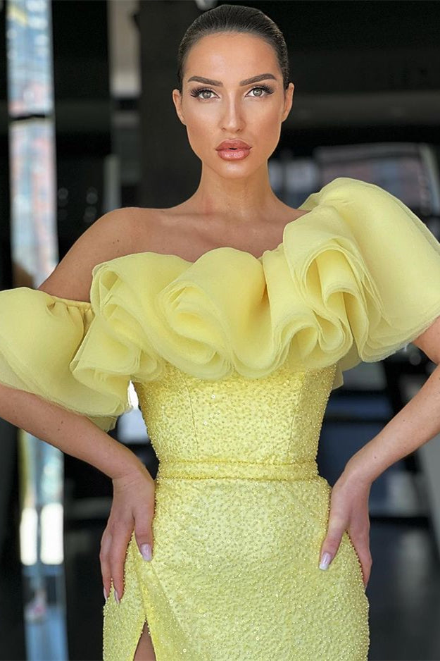 Daffodil Mermaid Off-The-Shoulder Evening Dress Split Sequins