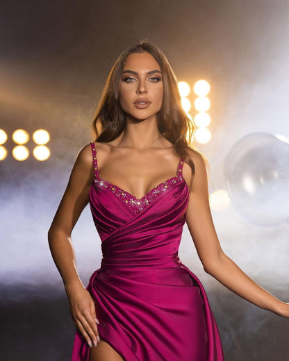 Fuchsia Sleeveless Spaghetti Strap Beadeds V-Neck Mermaid Prom Dress