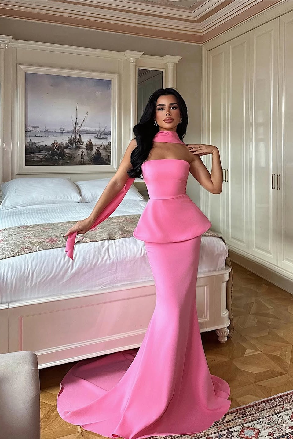 Sleeveless Square Strapless Mermaid Long Prom Dress With Scarf