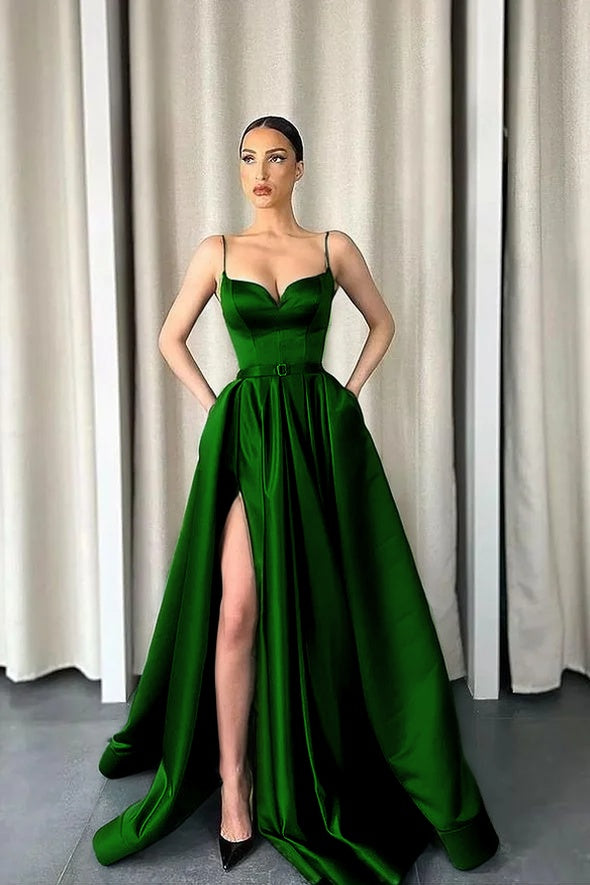 Dark Green Spaghetti-Straps A-Line V-Neck Long Prom Dress With Split