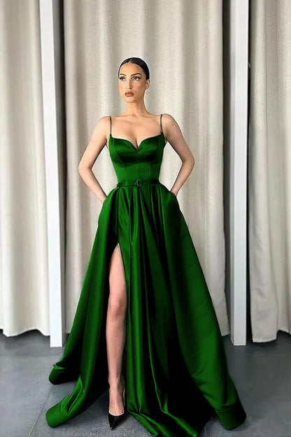 Dark Green Spaghetti-Straps A-Line V-Neck Long Prom Dress With Split